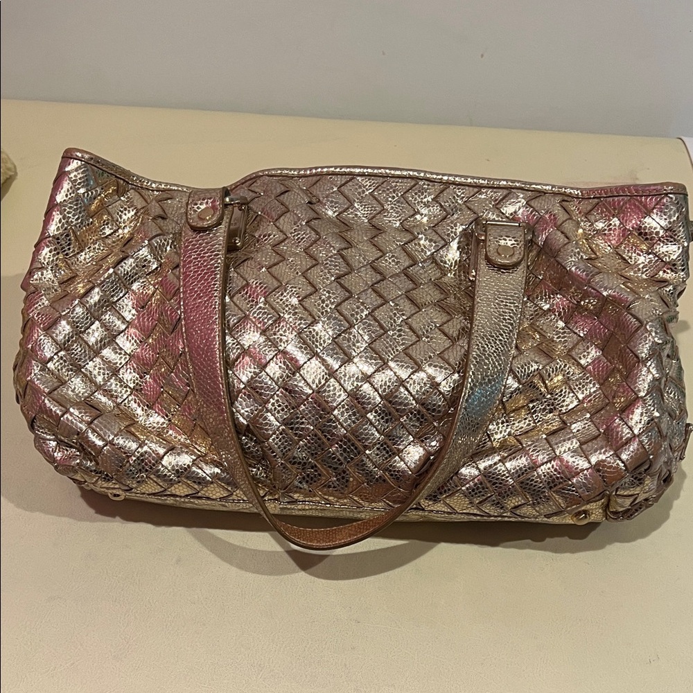 Michael Kors Metallic Woven Tote in Rose Gold and Pink Accents